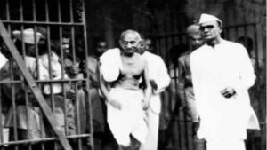 Protesters rallying during the Quit India Movement after Gandhi’s arrest in 1942