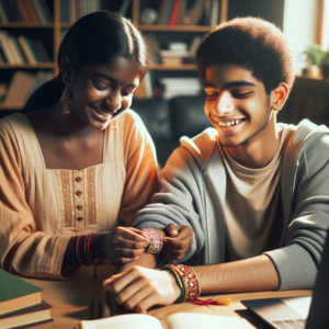 Brother and sister tying rakhi and studying together with books and laptops