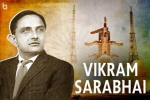 Portrait of Dr. Vikram Sarabhai with a launch pad in the background