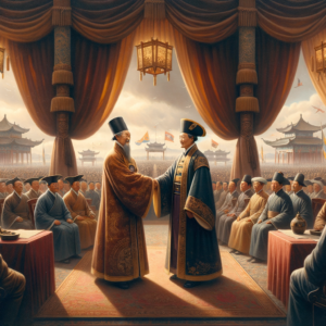 Illustration of the Treaty of Allahabad being signed between British East India Company and Mughal Emperor